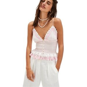 New Free People Love Letter Tank Cami Smocked Romantic Embroidered Top Medium M